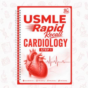 May include: A spiral-bound study guide titled USMLE Rapid Recall CARDIOLOGY STEP 1. The white cover features red text, a detailed red anatomical heart illustration, and a red electrocardiogram line. The Med Crash logo is in the top right corner.