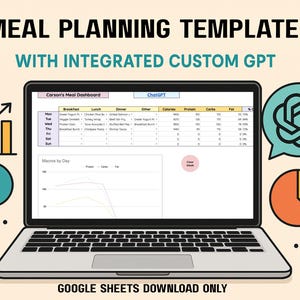 May include: A laptop displaying a meal planning template with integrated custom GPT. The screen shows a meal plan with columns for breakfast, lunch, dinner, and other meals. The text "MEAL PLANNING TEMPLATE" and "GOOGLE SHEETS DOWNLOAD ONLY" are visible.