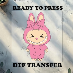 Gift for her, Coquette Bow Doll For Kids Girls Ready to Press, Funny Cartoon heat press dtf, Single Pink Labubu is Smiling Dtf transfer