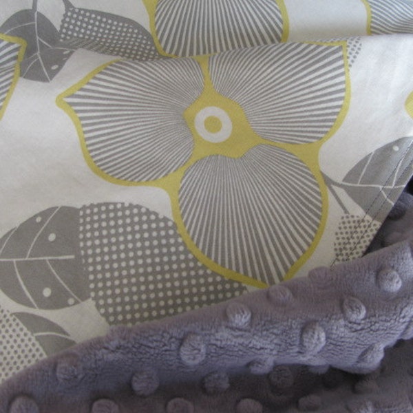 Minky Baby Blanket, Amy Butler Optic Blossom, Grey, Yellow, Modern Floral, Baby Girl Blanket, Flowers