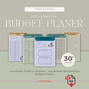 Può includere: Un insieme di pagine di pianificazione del budget stampabili in vari colori, tra cui viola, verde e beige. Le pagine includono sezioni per il monitoraggio delle entrate, delle spese e degli obiettivi di risparmio. Il testo include "Budget-Planer" e "Free Extras".