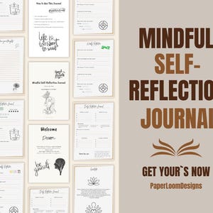 Könnte beinhalten: Eine Sammlung von Journalseiten mit verschiedenen Designs und Texten, darunter "Mindful Self-Reflection Journal", "Life is too short to wait" und "Welcome Dream". Die Seiten sind in einer neutralen Farbpalette mit Schwarz-Weiß-Illustrationen.