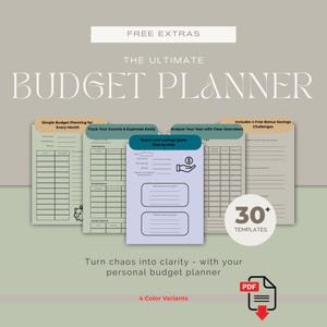 Könnte beinhalten: Ein digitaler Budgetplaner mit dem Text "THE ULTIMATE BUDGET PLANNER". Der Planer enthält Vorlagen zur Verfolgung von Einnahmen, Ausgaben und Sparzielen. Das Bild enthält auch den Text "FREE EXTRAS", "30+ TEMPLATES" und "4 Color Variants".