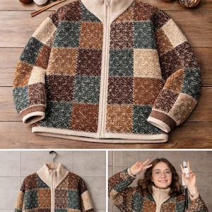 May include: A knitted zip-up jacket featuring a patchwork design in brown, beige, and green squares. It has a high collar and ribbed cuffs. The jacket's design is made up of squares of varying textures and colours.