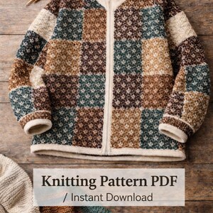 May include: A knitted zip-up cardigan in a patchwork design, featuring squares of brown, beige, and teal. The sweater has a textured pattern and a cream-coloured zip. The text "Knitting Pattern PDF / Instant Download" is displayed at the bottom.