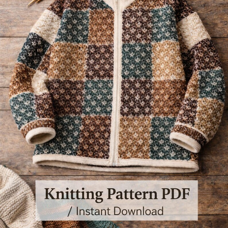 May include: A knitted zip-up cardigan in a patchwork design, featuring squares of brown, beige, and teal. The sweater has a textured pattern and a cream-coloured zip. The text "Knitting Pattern PDF / Instant Download" is displayed at the bottom.