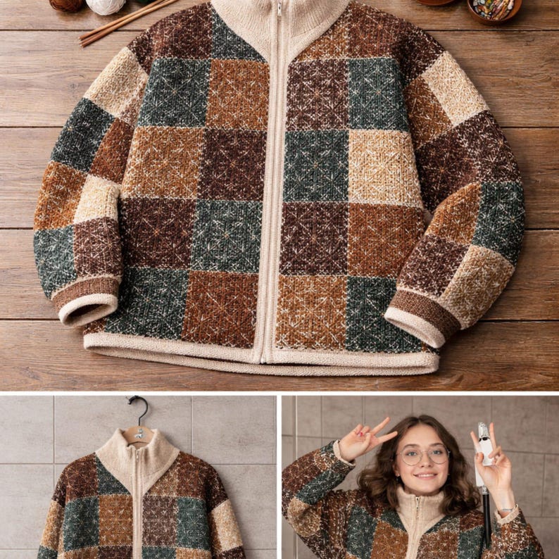May include: A knitted zip-up jacket featuring a patchwork design in brown, beige, and green squares. It has a high collar and ribbed cuffs. The jacket's design is made up of squares of varying textures and colours.