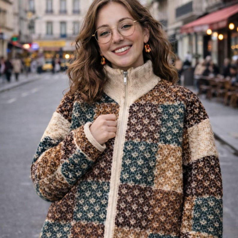 May include: A patchwork zip-up sweater in shades of brown, beige, and teal. The sweater has a high collar and a cream-coloured zipper. The design features a geometric pattern. The sweater is a cosy and stylish outerwear option.