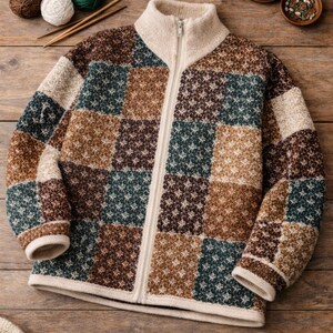 May include: A zip-up cardigan with a patchwork design in shades of brown, beige, and teal. The cardigan has a high collar and a full-length zip. The pattern features small star-like shapes within each square.