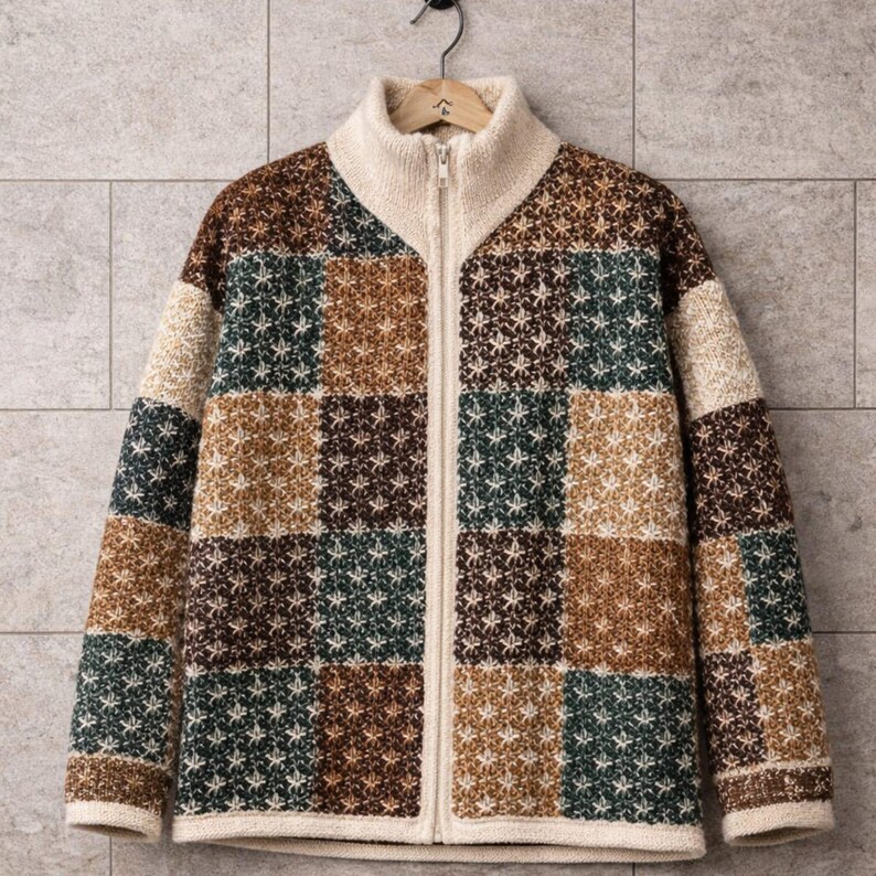 May include: A zip-up sweater with a patchwork design. The sweater has a cream-coloured collar and zip, with a pattern of squares in shades of brown, green, and cream. The sweater is hanging on a hanger.