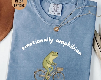 Emotionally Amphibian Frog Shirt, Funny Frog Meme T Shirt, Cute Frog On Bike Tee, Mental Health Humor Shirt, Aesthetic Animal Shirt Gift