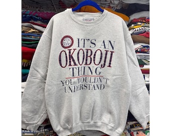 Vintage 90s Vacation Nature Okoboji Thing Sweatshirt Mens Grey Pullover USA