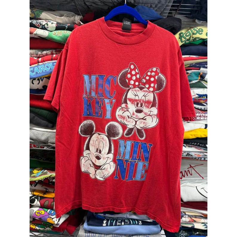 Vintage 90s Disney Mickey Unlimited Mickey Minnie Mouse Red T-Shirt Mens XL image 2