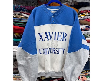 Vintage Gear For Sports Xavier University Henley Sweatshirt XL Blue White Grey