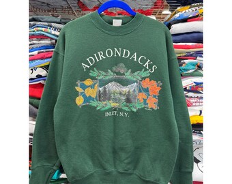 Vintage Adirondacks Inlet NY Sweatshirt Mens Med Forest Green Prairie Mountain