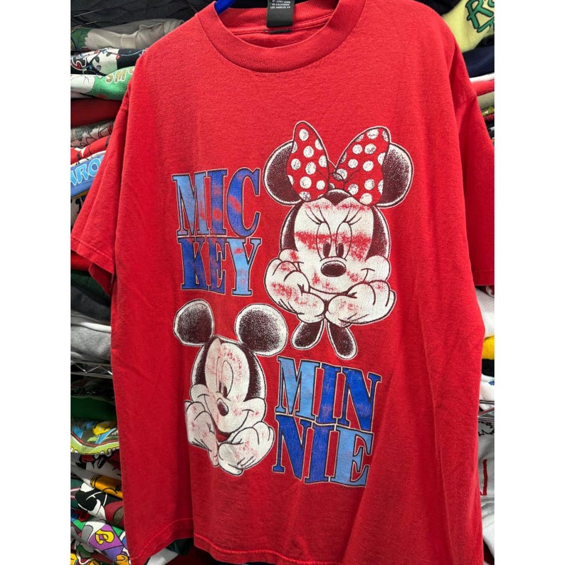 Vintage 90s Disney Mickey Unlimited Mickey Minnie Mouse Red T-Shirt Mens XL image 1