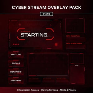 Puede incluir: Diseño gráfico digital para un paquete de superposición de transmisión cibernética. El diseño es principalmente rojo y negro, con elementos de texto como "Cyber Stream Overlay Pack" y "Stream is Starting...". Incluye secciones para alertas, paneles y marcos de intermedio.