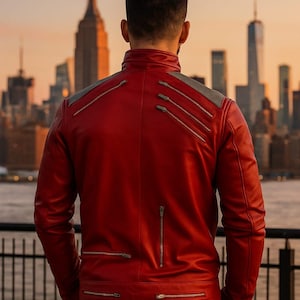 Michael Jackson &quot;Beat It&quot; Red Cowhide Leather Jacket | Unisex Iconic MJ Style | Retro Thriller Costume | Handmade Biker Jacket