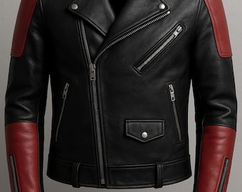 Handmade Black & Red Leather Biker Jacket – Unisex Motorcycle Style
