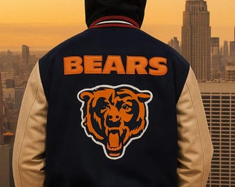 Chicago Bears Varsity Jacket: Navy Wool & Cream Leather Sleeves - Etsy