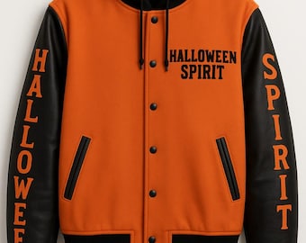 May include: Orange and black Halloween-themed varsity jacket with a black hood. The jacket features the words "HALLOWEEN SPIRIT" in black lettering. Black sleeves and trim complete the design.