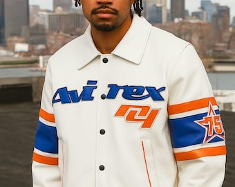 Handgjord vit Avirex-jacka i kohud: City Series Streetwear