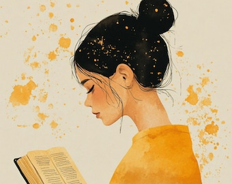 Peut inclure: Illustration à l'aquarelle d'une personne lisant un livre, avec le texte "Reading Journal" en haut. La personne porte un haut jaune et l'arrière-plan présente des éclaboussures de peinture jaune. Le livre est ouvert, avec du texte visible.