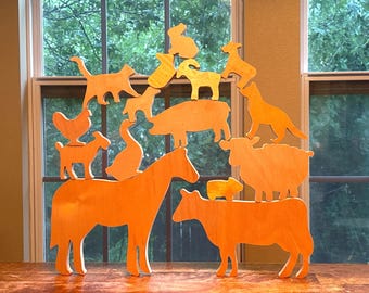 Reclaimed Wood Farm Animal Stacking Blocks: Montessori Toddler Toy