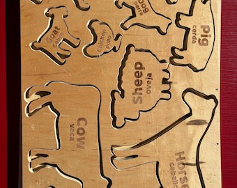 Animal Puzzle for Learning Montisourri  Solid Birch Wood English/Spanish Farm Animal Set