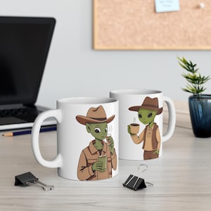 Alien Cowboy Mug, Cute Alien Coffee Cup, Space Theme Drinkware, Fun Gift for Sci-Fi Fans, Unique Kitchen Decor, Quirky Office Mug