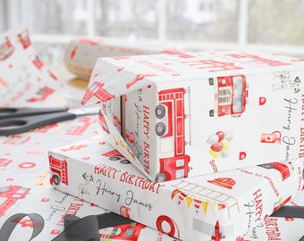 Custom Fire Truck Birthday Wrapping Paper, Personalized Firefighter Gift Wrap for Boys, Red Fire Engine Theme Party Decor for Kids