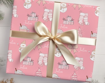 Personalized Pink Christmas Wrapping Paper for Girls with Name Hot Cocoa Gifts Stockings Snowman Holiday Gift Wrap Cute Custom Paper