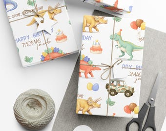 Personalized Dinosaur Birthday Wrapping Paper, Custom Name Kids Gift Wrap, Boy or Girl Dino Party Gift Wrap, T-Rex Birthday Paper