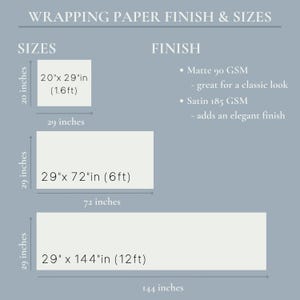 May include: A blue informational chart titled WRAPPING PAPER FINISH & SIZES. It lists three sizes: 20x29 inches, 29x72 inches, and 29x144 inches. It also lists two finishes: Matte 90 GSM and Satin 185 GSM, with descriptive text for each finish.