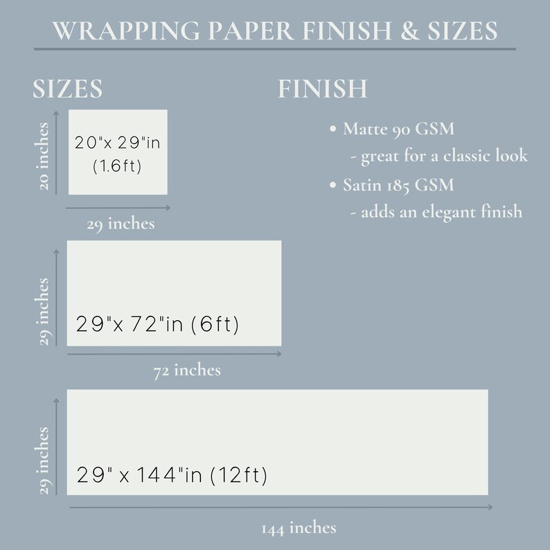 May include: A blue informational chart titled WRAPPING PAPER FINISH & SIZES. It lists three sizes: 20x29 inches, 29x72 inches, and 29x144 inches. It also lists two finishes: Matte 90 GSM and Satin 185 GSM, with descriptive text for each finish.