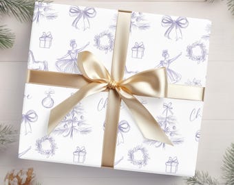 Personalized Ballerina Toile Christmas Wrapping Paper Blue Pink Purple, Girl Name Gift Wrap, Chinoiserie Holiday Paper, Blue and White Wrap