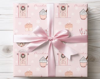 Personalized Pink Christmas Wrapping Paper for Girls, Custom Name Gift Wrap with Fireplace, Hot Cocoa, Door Wreath, Holiday Gift Wrap Sheet