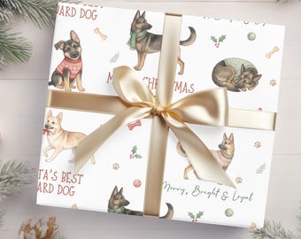 Personalized German Shepherd Christmas Wrapping Paper, Custom Name Dog Gift Wrap, GSD Lover Xmas Gift Wrap, Santas Guard Dog Paper