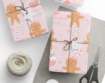 Personalized Christmas Wrapping Paper with Name Gingerbread Girl or Boy Gift Wrap for Kids Pink or Blue Holiday Paper Roll