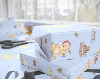 Vintage Storybook Bear Christmas Wrapping Paper, Personalized Name Gift Wrap for Kids, Woodland Bear Holiday Paper, Nostalgic 1920s Style