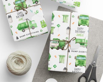 Personalized Garbage Truck Birthday Wrapping Paper, Custom Name Recycling Truck Gift Wrap for Boys, Eco Friendly Trash Truck Gift Wrap