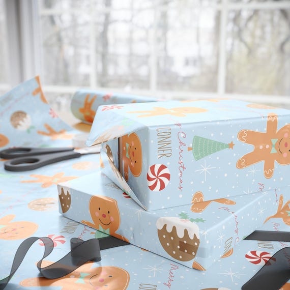 Personalized Christmas Wrapping Paper for Kids, Custom Gingerbread Gift Wrap, Holiday Name Gift Wrap for Boys Girls, Cute Xmas Paper
