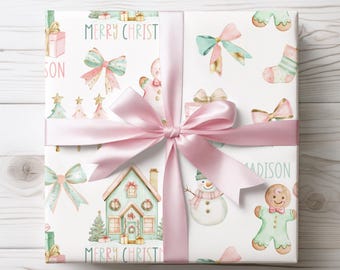 Personalized Christmas Wrapping Paper for Girls Pastel Gingerbread Custom Name Gift Wrap Cute Holiday Bows Stockings Trees