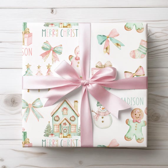 Personalized Christmas Wrapping Paper for Girls Pastel Gingerbread Custom Name Gift Wrap Cute Holiday Bows Stockings Trees