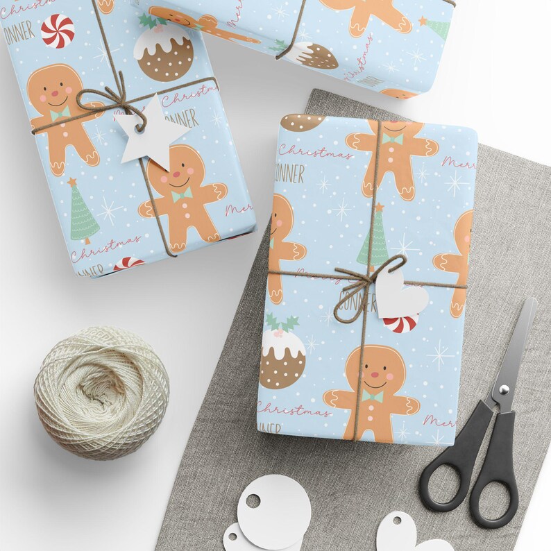 Cute blue gingerbread boy gift wrap with custom name styled for boys Christmas present wrapping
