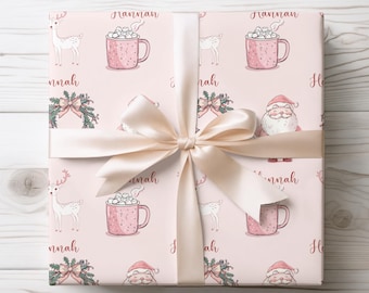 Personalized Pink Christmas Wrapping Paper for Girls Santa Cocoa Deer Wreath Holiday Gift Wrap Custom Name Kids Present Paper