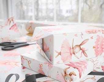 Personalized Ballerina, Bunny Wrapping Paper, Custom Name Pink Ballet, Gift Wrap for Girls, Christmas Present, Christmas Kids Name Paper