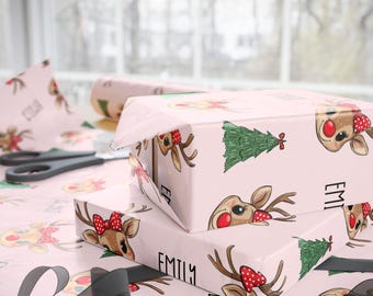 Wrapping Paper Personalized Christmas Reindeer with Name Cute Custom Gift Wrap for Kids Girls Boys Holiday Present Green Pink Design