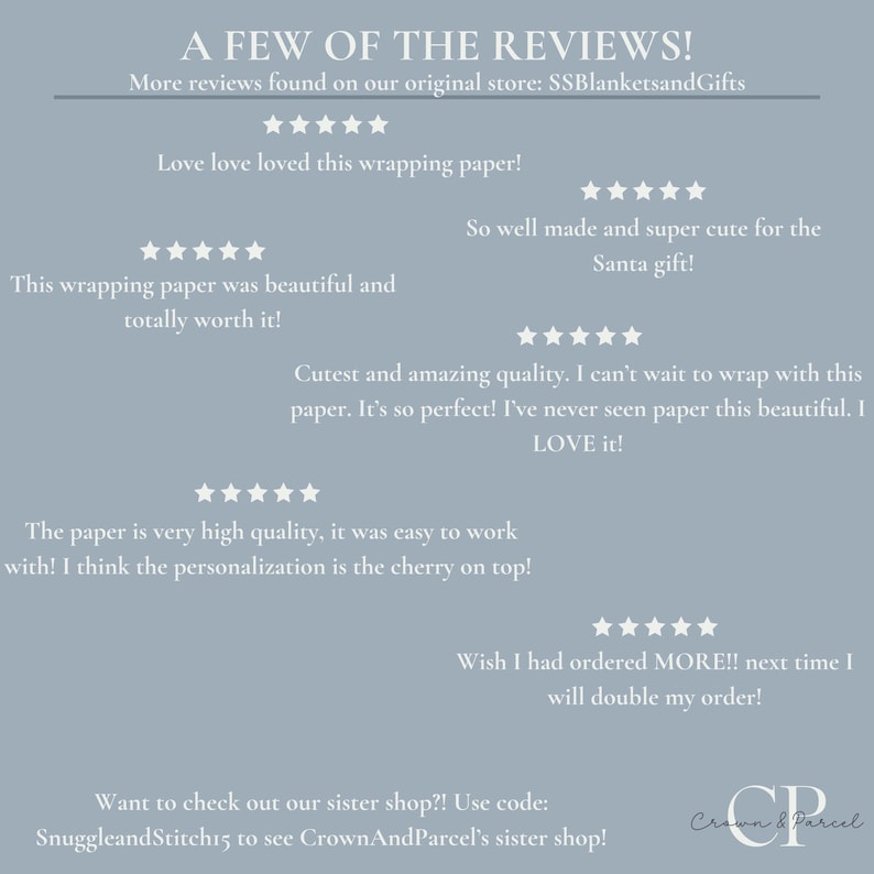 May include: A light blue background with white text displaying customer reviews for wrapping paper. The reviews include phrases like "Love love loved this wrapping paper!" and "Cutest and amazing quality."