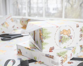 Personalized Storybook Bear Christmas Wrapping Paper Custom Name Woodland Friends Gift Wrap Christmas Holiday Forest Animals Paper